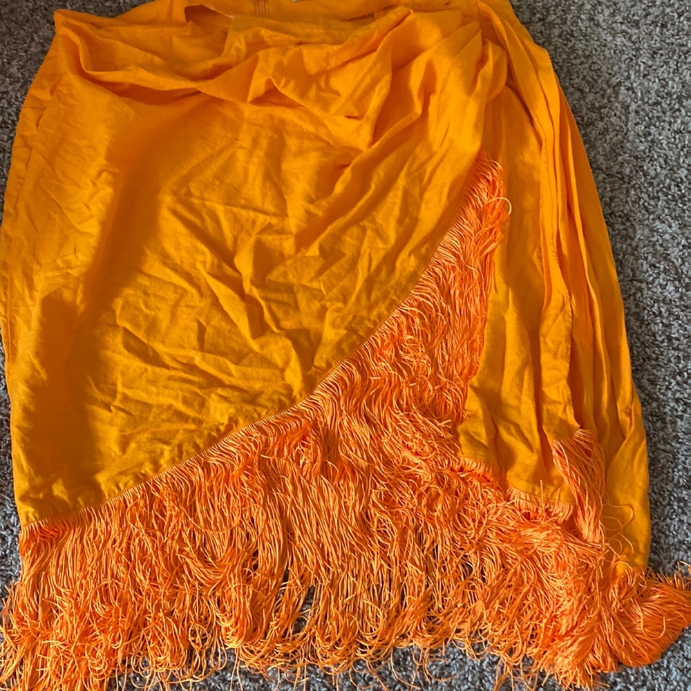 Gabi fresh x fashion to figure orange fringe midi faux wrap skirt